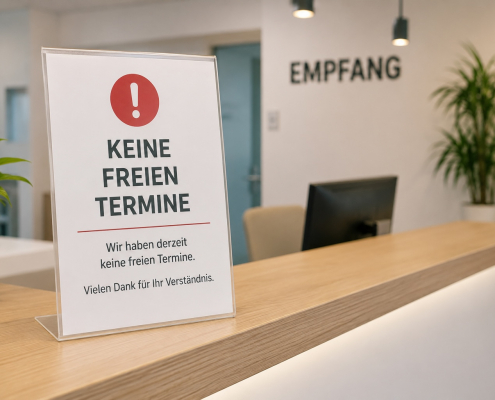 Empfangstresen in deiner Praxis mit Hinweisschild.